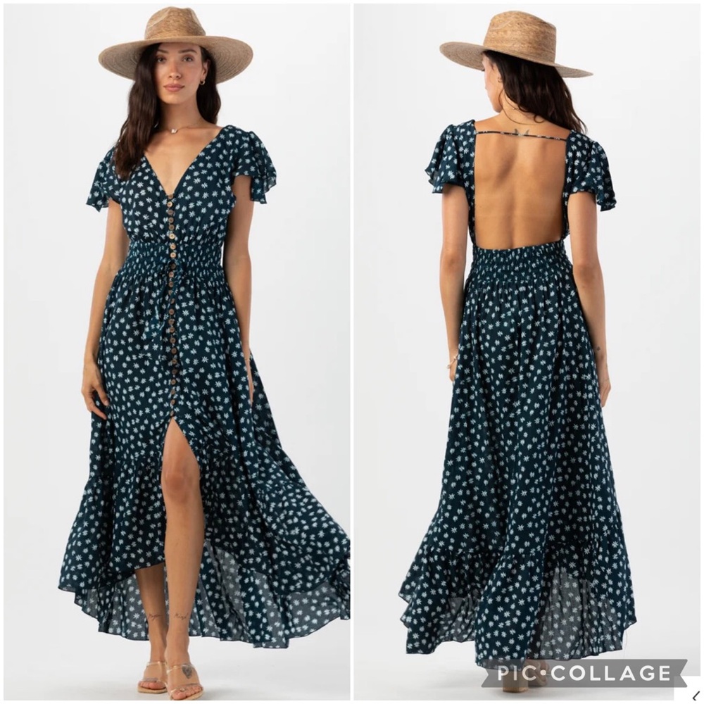 Tiare Hawaii Teal Floral Backless Maxi Dress